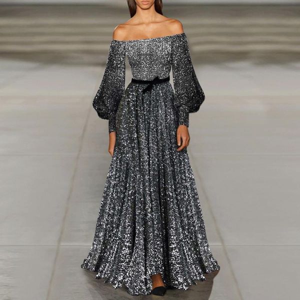 

2020 new lantern sleeve sequined dress lady elegant slash neck long dress women fashion lace up solid vestidos#z30, Black;gray