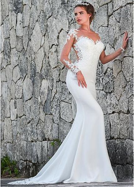 

fantastic o-neck mermaid wedding dresses custom made see through long sleeve illusion back bridal gowns floor length, White