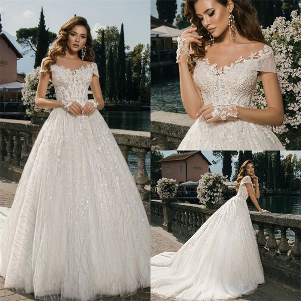 

luxury mistrelli wedding dress v-neck sleeveless full appliqued lace sequins elegant bridal dress sweep train boho vestidos de novia, White