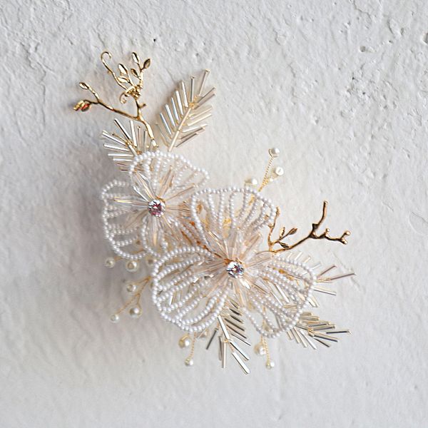 

jonnafe handmade pearls wedding hair jewelry clip floral bridal headpiece handmade women hair ornament, Golden;white
