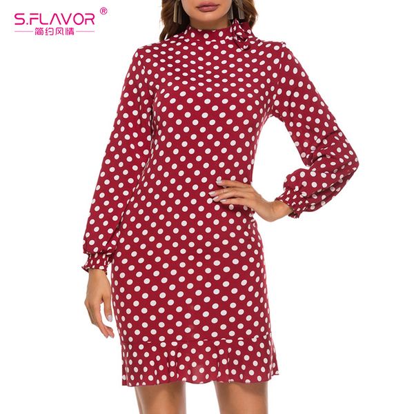 

s.flavor spring women slim long sleeve chiffon dress elegant o neck with bow polka dot print mini dress elegant party vestidos, Black;gray