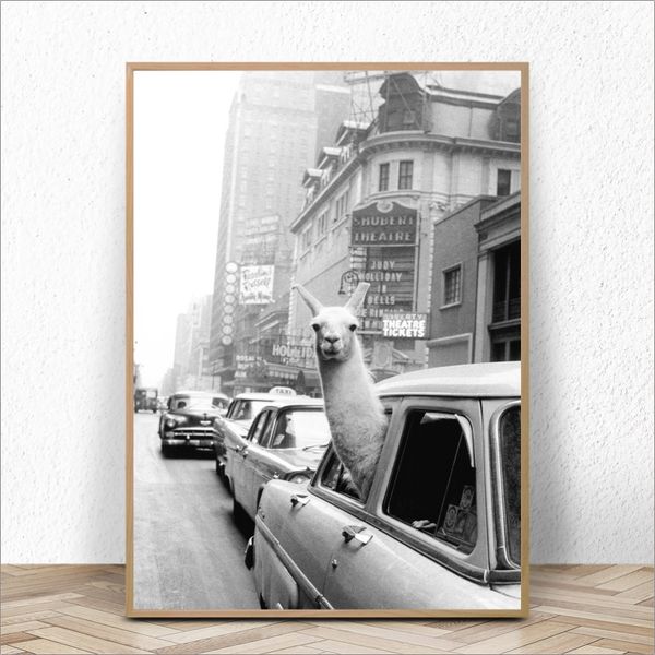 

vintage llama print poster new york p picture, llama in a taxi on times square canvas print poster retro wall art home decor