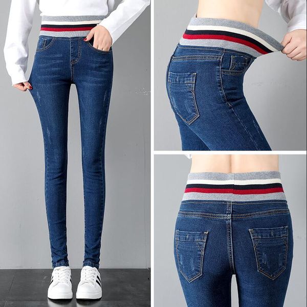 

new jeans women's clothing autumn and winter jeans high waist trousers elasticated waist thread stretch pencil pants, Blue