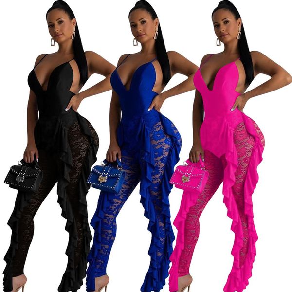 

lace rompers women jumpsuit see trough transparent backless elegant ruffles overalls female party plus size streetwear, Black;white