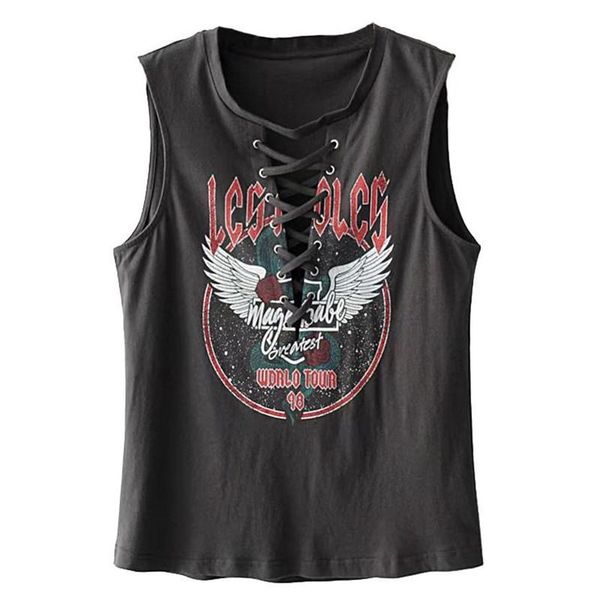 

sexy lace up punk rock t shirt women tops summer v образным вырезом без рукавов черная футболка steet letter print хлопок poleras тройники ж, White