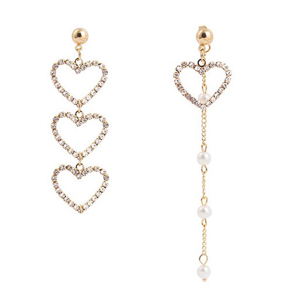 

classic women hollow-out heart asymmetric pearl drop tassel earrings, Golden