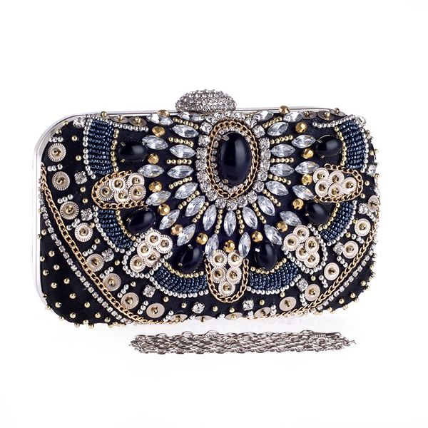 

elegant vintage women ladies's evening clutch black pouch crystal beading flower handbag shoulder bag crossbody messenger flap