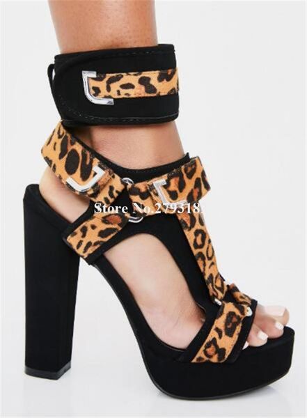 

fashion open toe leopard suede high platform chunky heel gladiator sandals ankle wrap metal buckles high heel sandals, Black