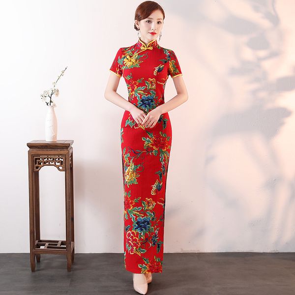 

red flower women traditional cheongsam print plus size chinese style qipao vintage 3xl 4xl 5xl ladies stage show evening dress