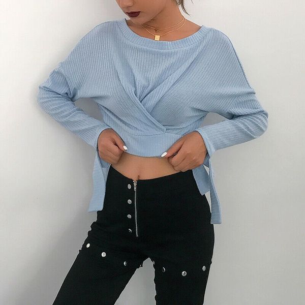 

asual осень твердые трикотажные свитера женщины пуловеры criss-cross обрезанные top свитера регулируемый пояс перемычка вытащите femme, White;black