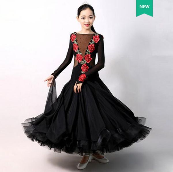 

standard ballroom dance dresses children advanced black color waltz competition dancing skirt girl's modern dance dress, Black;red