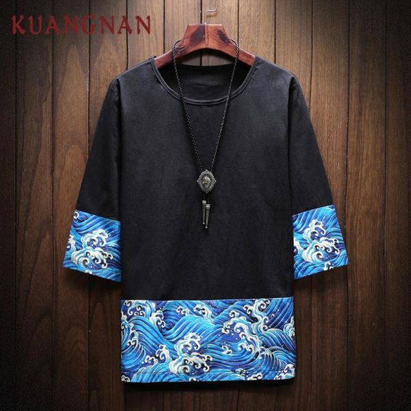

kuangnan японского t shirt men blue waves printed harajuku streetwear футболка мужская лоскутная футболка мужская футболка лето 2018 года, White;black