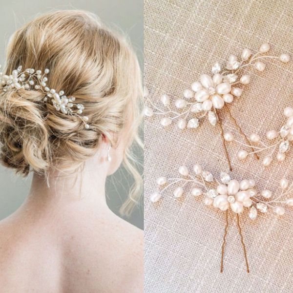 

acrddk 2pcs pearl flowers handmade hairpins hair sticks hair pins headpiece jewelry bridal wedding accessories for bride sl, Golden;white