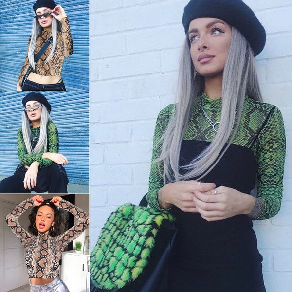 

женская дизайнер футболка футболка сексуальные женщины водолазка see through snakeskin mesh tops с длинным рукавом sheer тонкой дамы cr футб, White