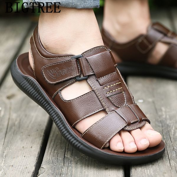 

sandals men outdoor open shoes men leather sandals genuine leather summer beach chaussure homme buty meskie, Black