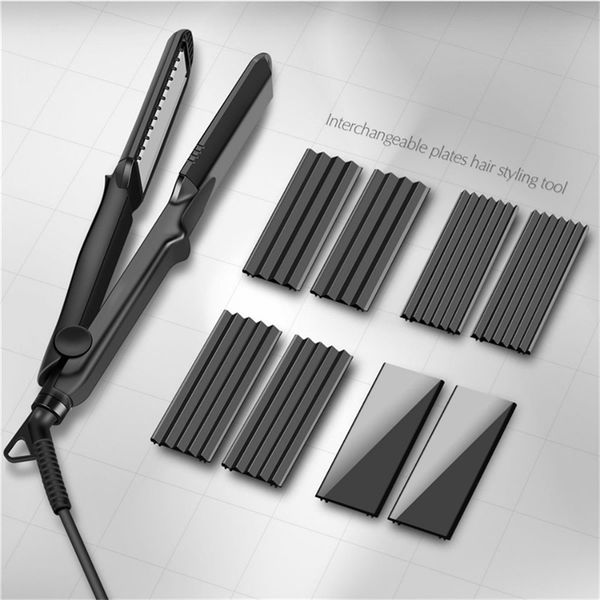 

professional 4 in 1 hair straightener crimper ceramic hair curler styler interchangeable plates corrugated curling flat iron 38