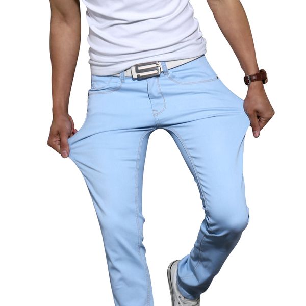 

2019 cholyl spring summer new fashion men casual stretch skinny jeans slim fit trousers tight white pants solid colors, Blue