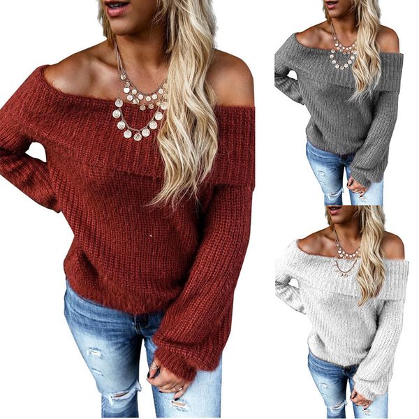 

women warm pullover sweater solid color lapels off shoulder oblique collar lantern sleeve sweater kng88, White;black