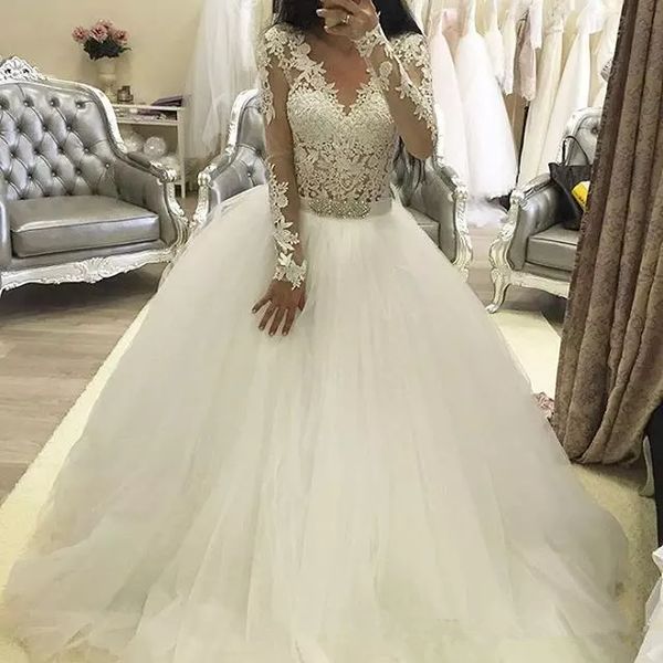 

v-образным вырезом с длинными рукавами sheer a-line свадебные платья 2020 формальное длинные юбки тюль свадебные платья customized длинные v, White