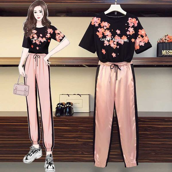 

oneimirry summer women plus size two piece pants set female sweat suits cherry blossoms black pink 2 piece outfits clothing, White