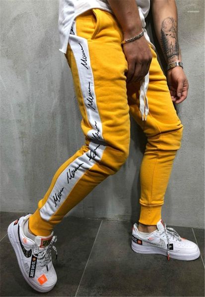 

color male jogger trousers letters print mens sweatpants striped slim long men pencil pants hiphop patchwork, Black