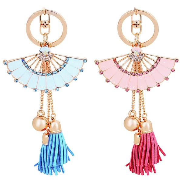 

fashion shiny rhinestone fan shaped bead tassel pendant enamel key chain keyring phone car bag charm key chain, Silver