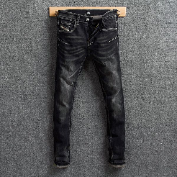 

vintage designer men jeans classical black spliced elastic skinny jeans fashion denim pencil pants streetwear hip hop men, Blue