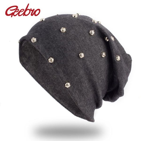 

geebro women's crystal rhinestones beanies hat spring casual cotton plain color knit slouchy beanie ladies black skullies cap, Blue;gray