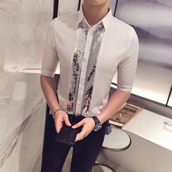 

блестки украшения половина рукава рубашки тонкий 2020 мужская рубашка повседневная ночной клуб этап певица блузка уличная социальная camisa, White;black