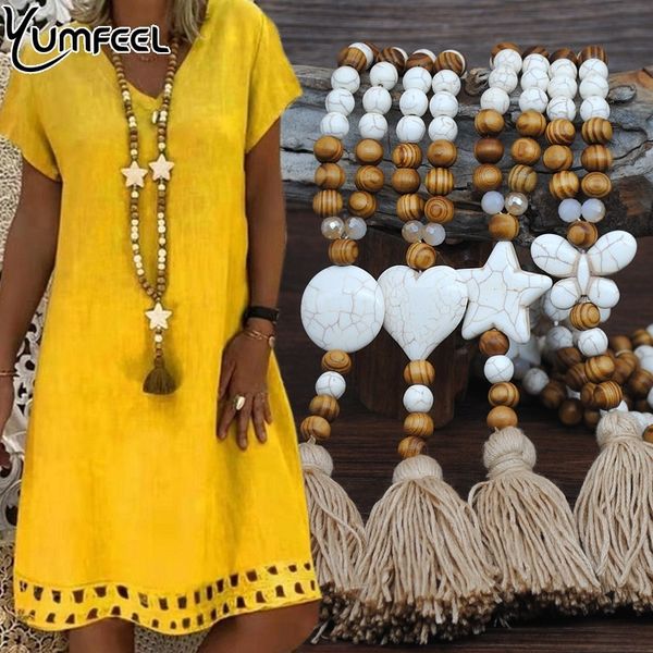 

yumfeel new bohemian necklace handmade stones tassels wood beads necklace long women jewelry gifts, Silver