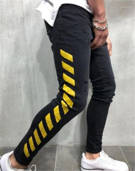 

printed men jeans fashion holes mens skinny pencil pants casual mens mid waist clothing black hiphop striped, Blue