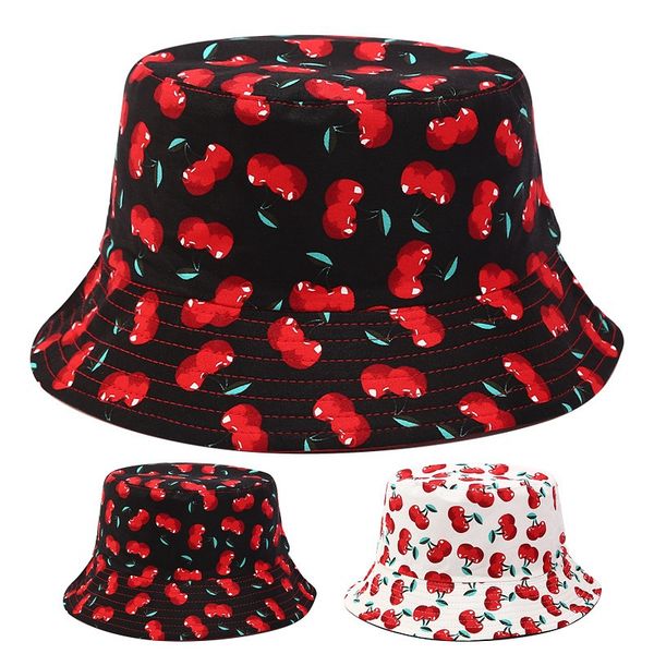 

cotton print cute cherry bucket hat fisherman hat outdoor travel hat sun cap hats for women 06, Blue;gray