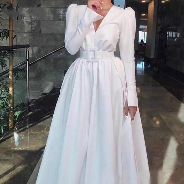 

2020 new arrival v neck long sleeve evening dresses satin white muslim evening dress party gowns abiti da cerimonia da sera, Black;red