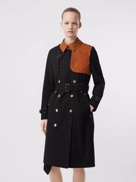 

women's long trench coat kensington edition slim trench coat rivet decorative splicing coats black khaki british style clothing aa1, Tan;black