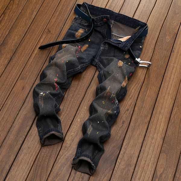

slim straight ripped skinny jeans men colorful painting designer beggar hole man jeans denim pants, Blue