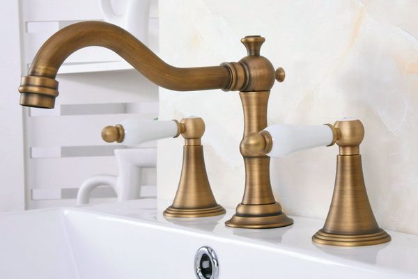 

antique brass white dual ceramic levers handles widespread 3 hole install bathroom sink basin faucet mixer taps aan084