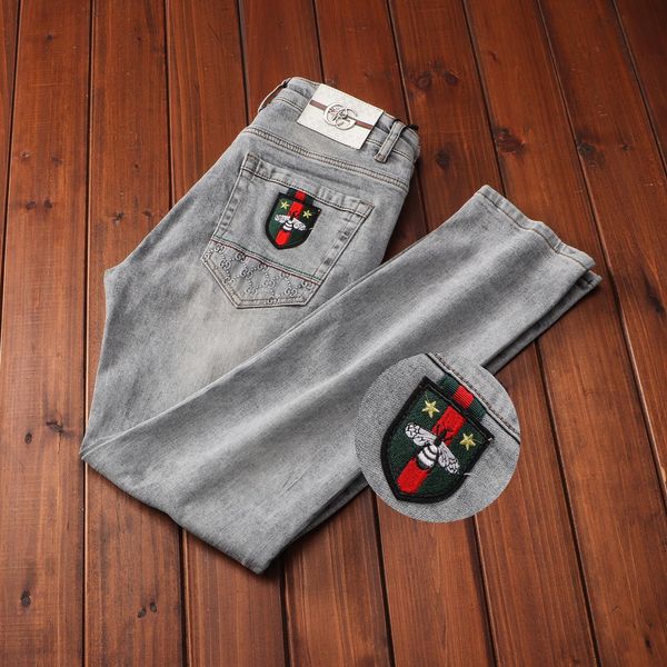 

2019 style luxury qg summer famous brand men's washed design casual slim summer lightweight denim stretch skinny jeans straight biker s, Blue