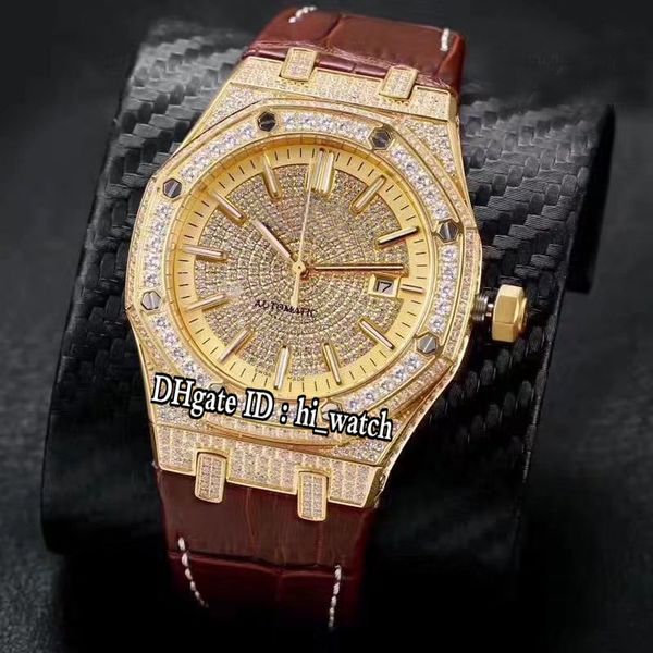 

version 15400 all diamond bezel dial yellow gold cal.3120 automatic mens watch brown leather strap white line sports watches a401a1, Slivery;brown