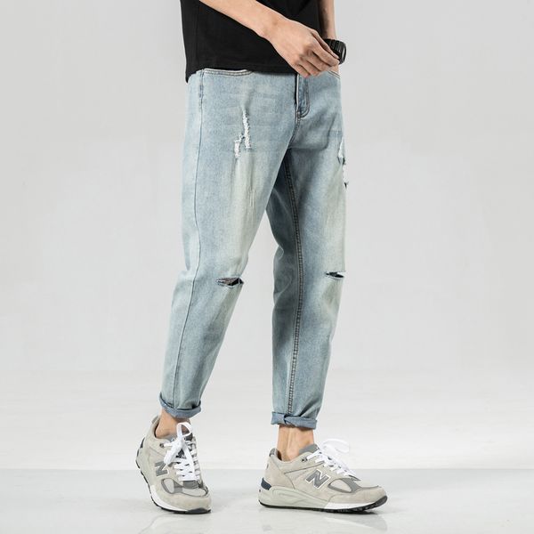 

весна мужские отвлеченные дырчатые джинсы рваные синие твердые хип-хоп мужские брюки повседневные высокие уличные мальчики прямые брюки, Blue