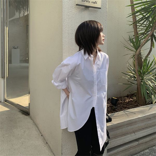 

hzirip new design irregular office lady all match 2020 bf style mid-length elegant pockets women chic solid full sleeves shirts, White