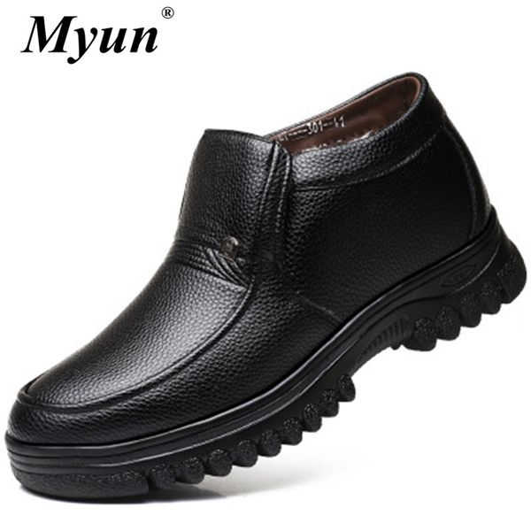 

new men's winter ankle boots quality soft leather father shoes thicken white wool keep warm snow boots man leather booties, Black