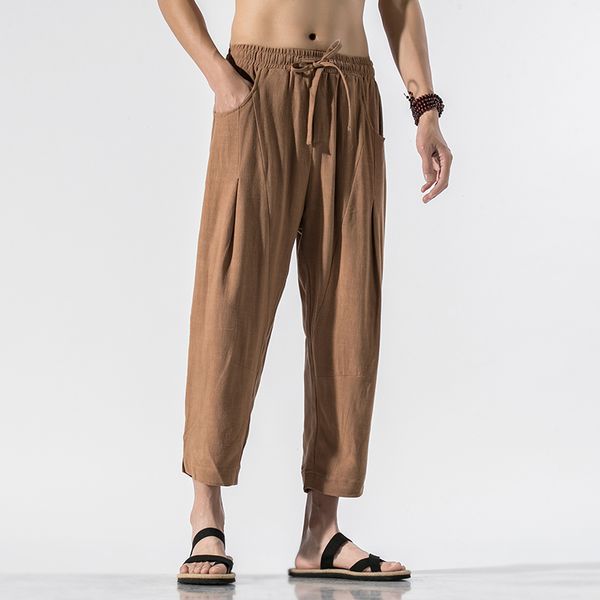 

2020 men's summer casual pants men cotton linen trousers man elastic waist harem pants male chinese style ankle-length, Black