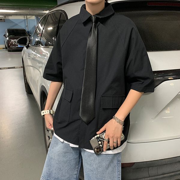 

summer tie dress shirt men's fashion solid color business casual shirt men streetwear wild loose short sleeve mens -2xl, White;black
