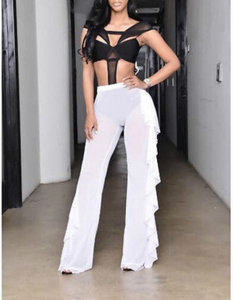 

women mesh ruffled wide leg pants bikini cover up swimwear trousers, Black;white