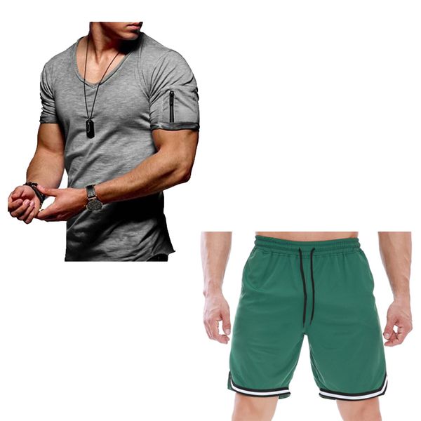

casual quick drying men's sports shorts + v-neck comfortable short sleeve suit suitable for gym training sports multi size comfo, Gray