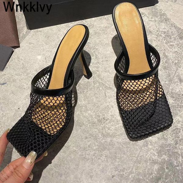 

2020 summer slippers hollow out fishnet square toe thin high heel runway design sandals female mullers pumps sandalias, Black