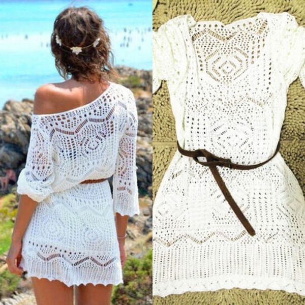 

white woman summer lace hollow knitted bikini wearing swimsuit hook beach skirt high swimsuit without small belt, Blue;gray