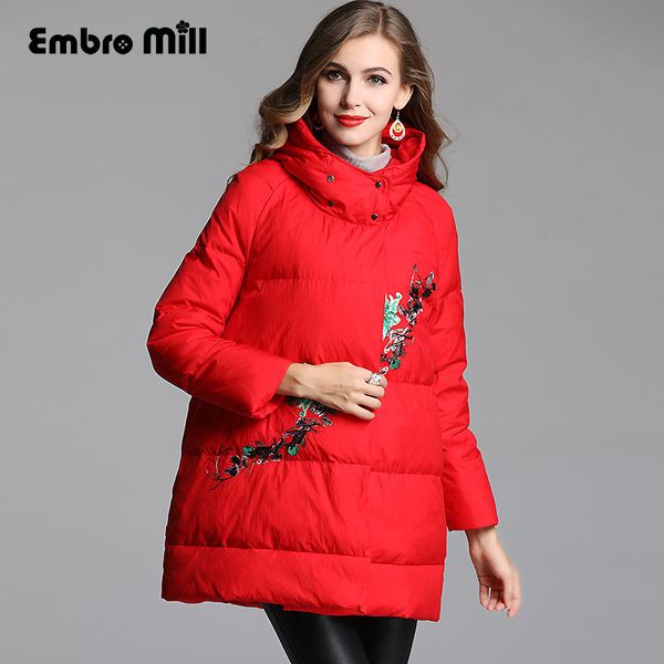 

royal embroidery flowers down jacket coat women winter flowers vintage lady floral loose white duck down parkas female m-xxl, Black