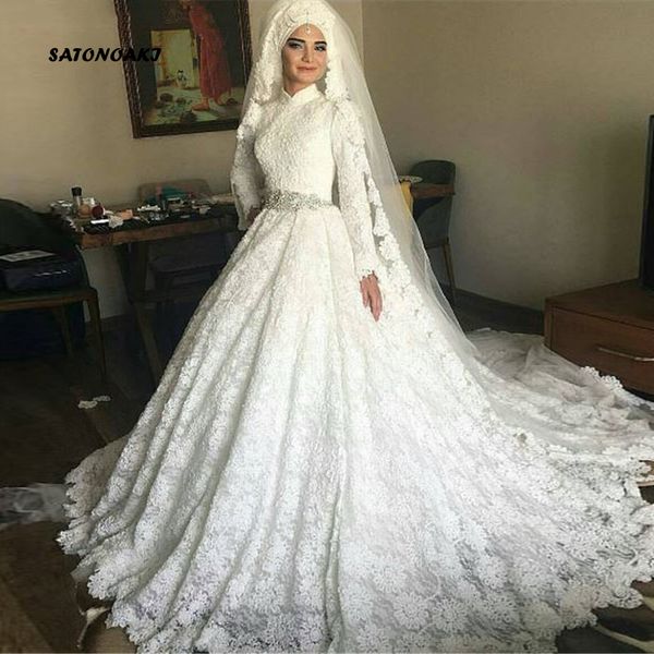 

satonoaki саудовская аравия турция женщины бальное платье ручной работы с длинным рукавом свадебное платье кружева мусульманское свадебное п, White