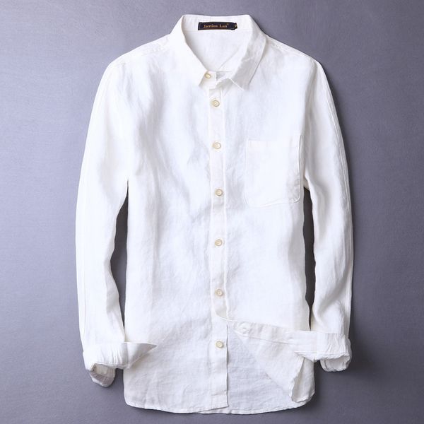 

2020 осень 100% льняная мужская рубашка с длинным рукавом и удобная дышащая хлопчатобумажная рубашка с лацканами для отдыха, White;black